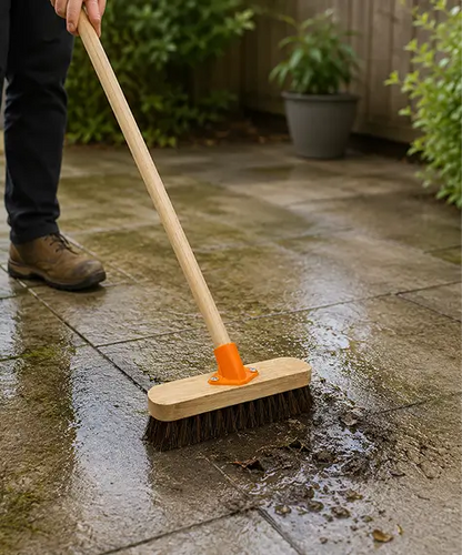 Heavy Duty Stiff Deck Scrub Brush with Wooden Handle for Outdoor Cleaning